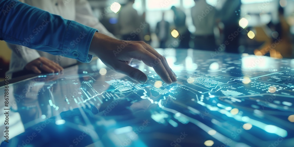Poster hands interact with a high-tech touchscreen in an advanced laboratory setting, showcasing futuristic