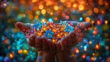 A close-up image capturing hands holding a radiant bouquet of orange and blue flowers with a sparkling bokeh background.