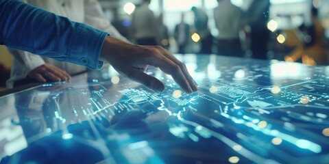 Hands interact with a high-tech touchscreen in an advanced laboratory setting, showcasing futuristic technology.