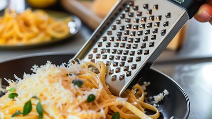Versatile cheese grater shredding cheese onto plate of pasta highlighting its sharp blades and ergonomic handle