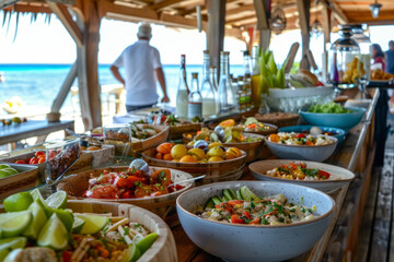 Beachside dining setup featuring a variety of food platters under a shaded canopy