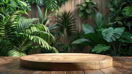 Fototapeta premium Wooden podium with green plant background for displaying natural products ideal for showcasing cosmetics