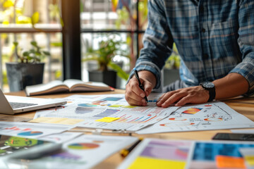 Fototapeta premium Businessman reviewing and analyzing financial charts and graphs at a desk in a bright office