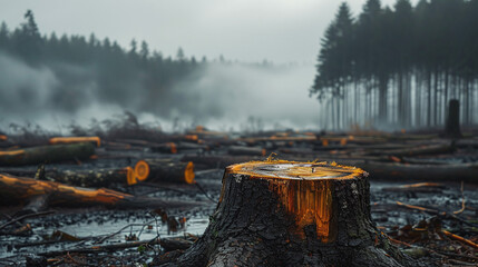 stumps ,the consequences of deforestation, negative human impact on the environment, cloudy doomy weather