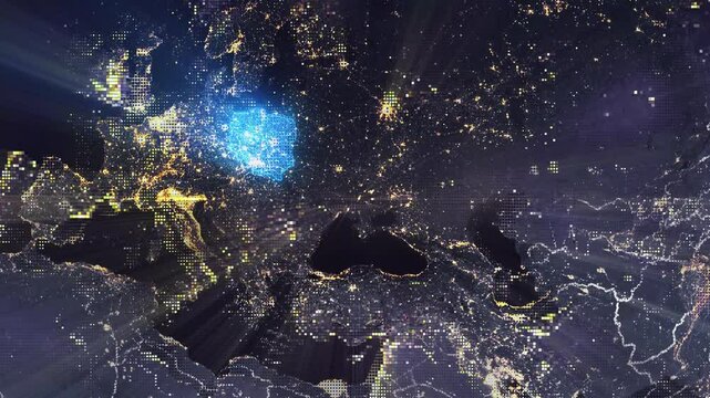 Digital Pixel Art Earth Night from Space Rotate and Zoom Shining Country Poland