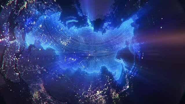 Digital Pixel Art Earth Night from Space Rotate and Zoom Shining Country Russia
