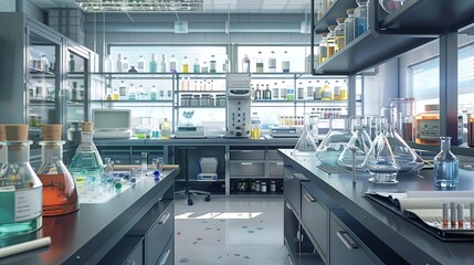 A clean and modern chemistry laboratory with glassware, equipment, and shelves filled with bottles. Generative AI