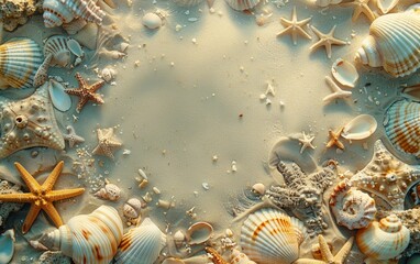 Obraz premium A collection of various seashells and starfish arranged on a sandy beach, creating a natural and coastal scene. 