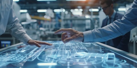 Engineers using advanced holographic touch screen technology in a modern high-tech laboratory setting.