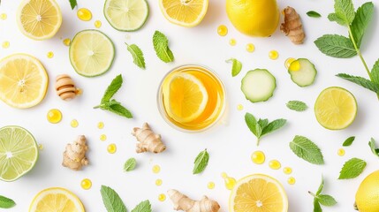 Bright citrus fruits and herbs are creatively arranged on a white background. Vibrant colors dominate this fresh and healthy-themed image. Perfect for food blogs or natural remedy websites. AI