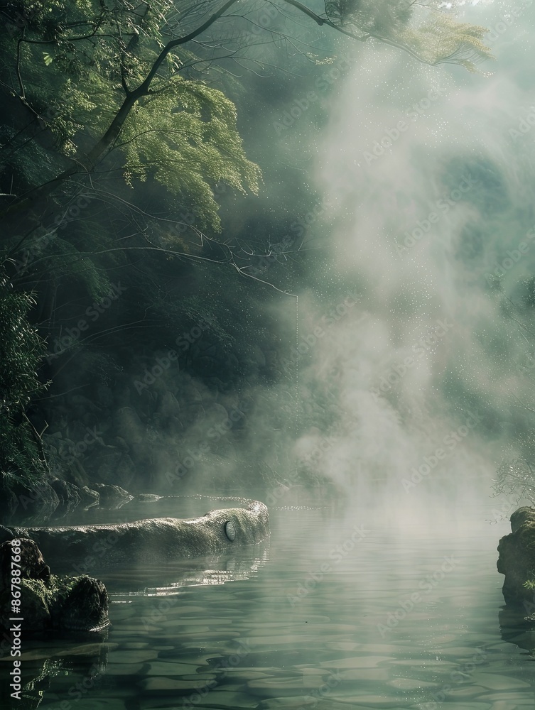 Poster A serene hot spring pool surrounded by lush greenery and misty air, creating a tranquil and peaceful atmosphere. Generative AI