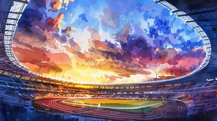 Watercolor Olympic stadium at sunset, sports, grandeur and global unity