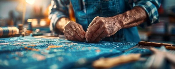 Close-up of Senior Craftsman Hands Sewing