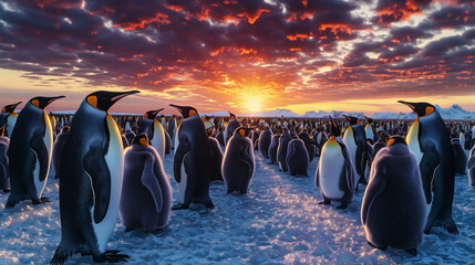 hundreds of  king penguins on iceberg, sunrise or sunset, dawn or dusk, fantastic wildlife in Antarctica