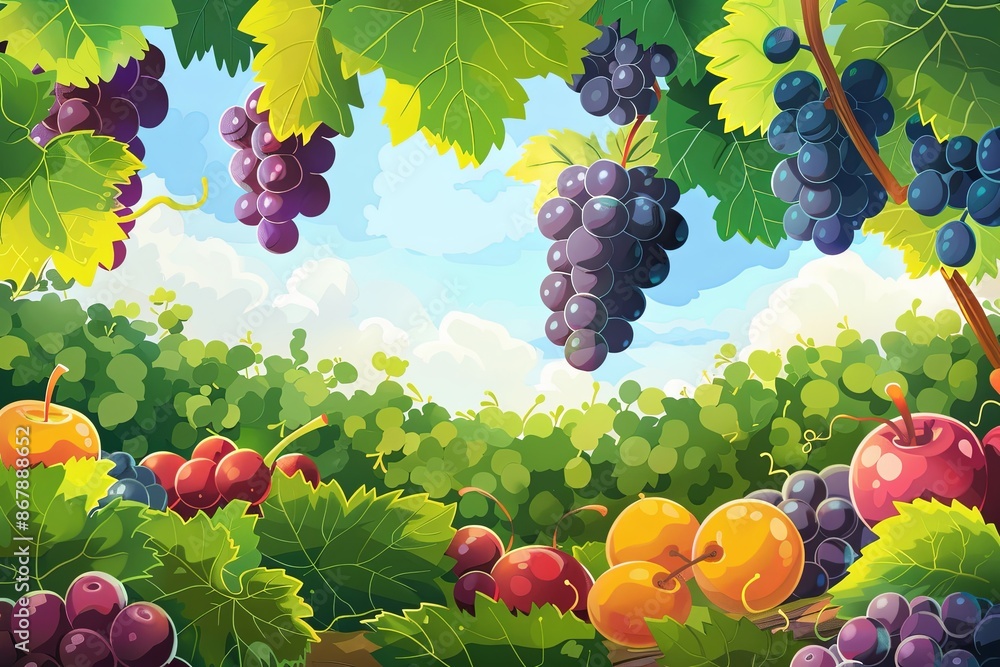 Poster a colorful illustration of grape vines with ripe grapes, apples, and cherries hanging from them on a