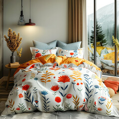 A colorful room with a rainbow rug and a bed with pillows.