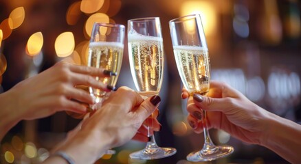 Close-up of hands toasting with champagne glasses at party, blurred background. Happy friends celebrating new year or other special events in restaurant.