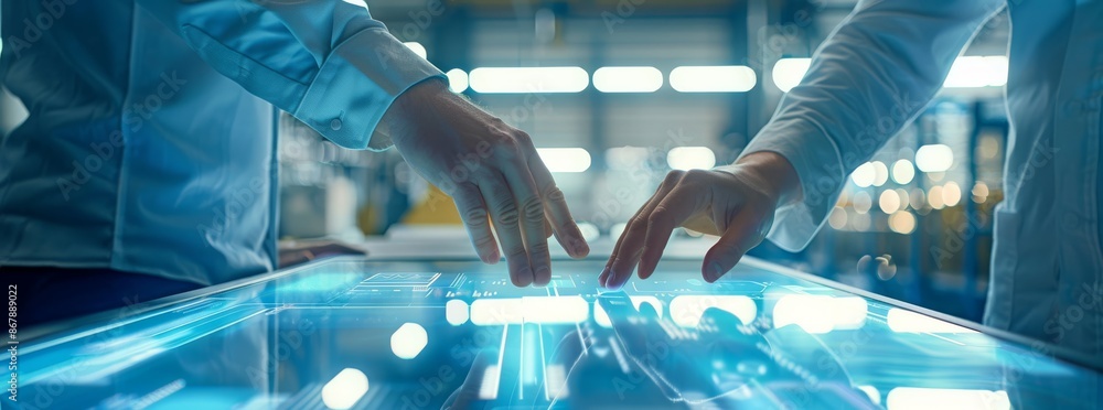 Poster hands interact with a high-tech touchscreen in an advanced laboratory setting, showcasing futuristic