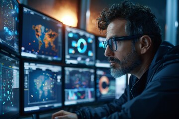 Man Monitoring Data on Multiple Computer Screens