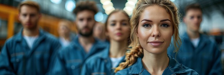 Group of young professionals in uniform standing confidently, representing teamwork and industry.