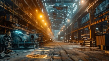 Industrial factory with machinery equipment and steel structures. Concept of manufacturing, heavy industry, production, industrialization