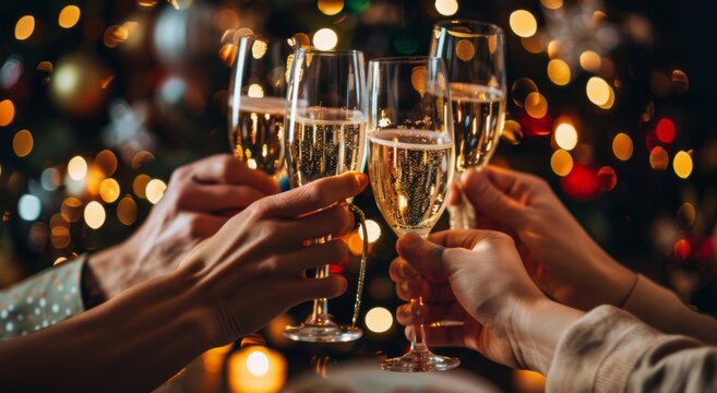 Create an enchanting scene of friends toasting with champagne glasses, capturing the joyous spirit and celebration 