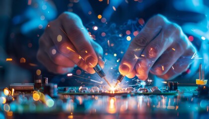 Soldering on Circuit Board with Sparks and Blurred Lights
