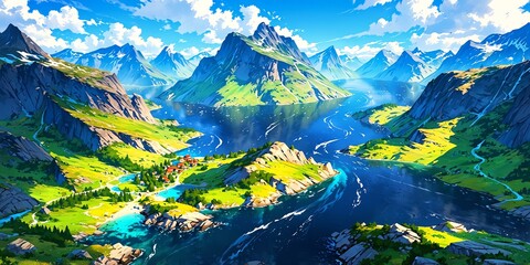 fjords of norway anime style stunning aesthetic and hi background