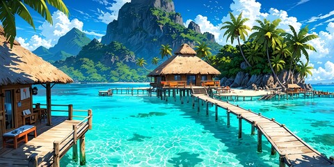 Obraz premium bora bora tahiti anime style stunning aesthetic and hi background