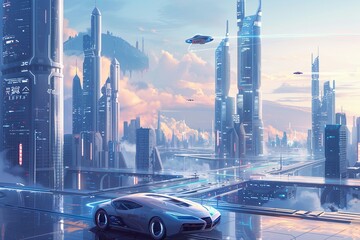 Naklejka premium An illustration depicting a futuristic city with flying cars, towering skyscrapers, and a sunset sky. Generative AI