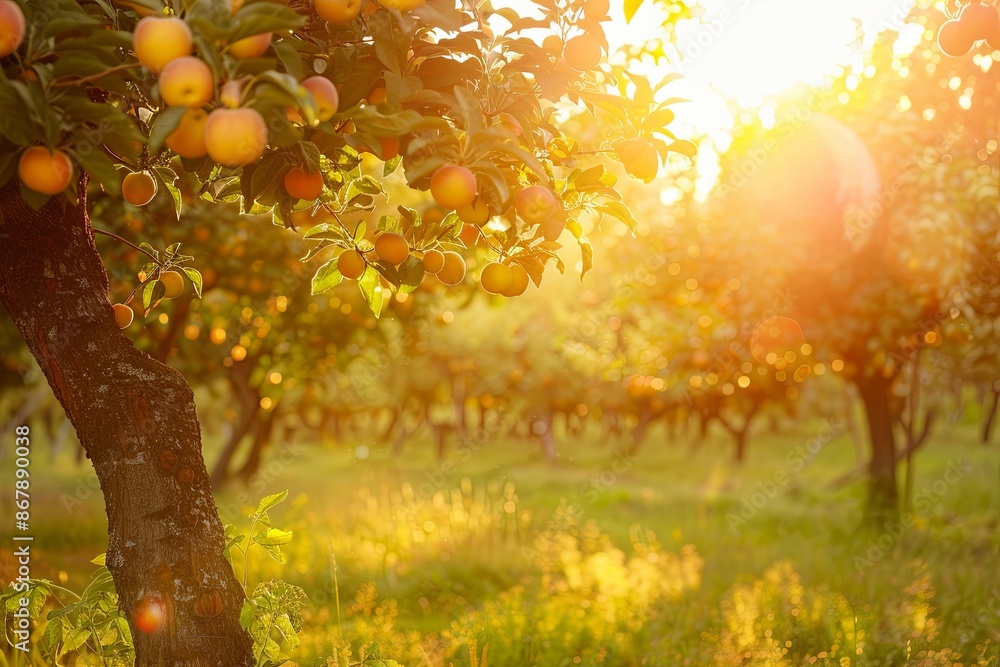 Poster a scenic view of an orchard at sunset, with golden light highlighting ripe apples on the branches. g