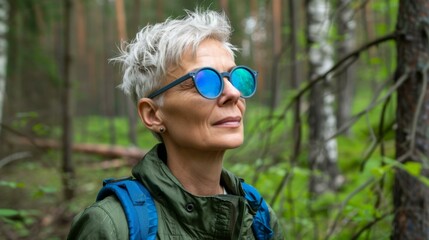 A woman with a blue hat and sunglasses in the woods. AI.