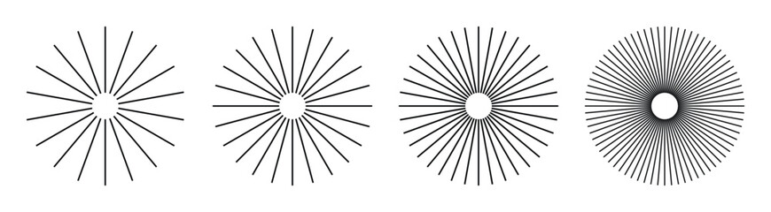 sets Radial circle lines: circular radiating geometric shapes resembling sun rays. Abstract design element. Vector illustration on a white background.