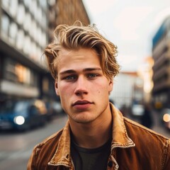 Young Man Scandinavian Portrait on City Street