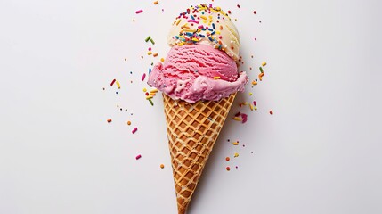 A vibrant ice cream cone with sprinkles and a crispy waffle cone sits on a white background.
