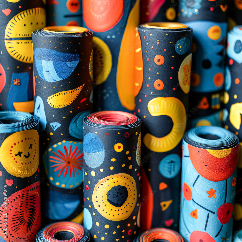 Poster a row of colorful wrapping paper with polka dots and stars.