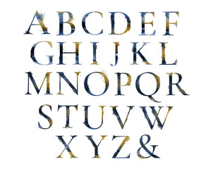 Watercolor textured lettering alphabet illustration gold and blue navy sparkle sea theme wedding invitation birthday greeting card