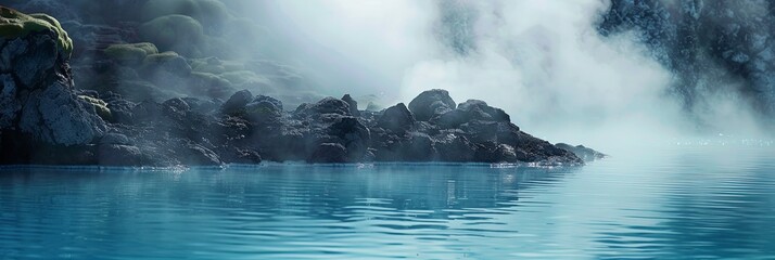 A tranquil scene of a geothermal lagoon in Iceland with misty rocks and a still, blue pool of water. Generative AI