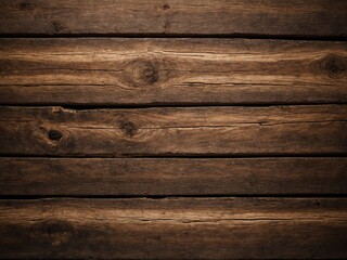 Obraz premium Wooden planks form rustic background. Dark brown boards weathered, textured, showing knots, grain patterns, cracks. Horizontal lines dominate composition, creating sense of width, expanse.