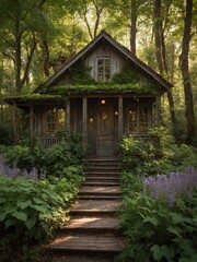 Rustic wooden cabin nestled in lush forest, surrounded by dense greenery, vibrant purple flowers. Cabin features steeply pitched roof, small porch with railings,.