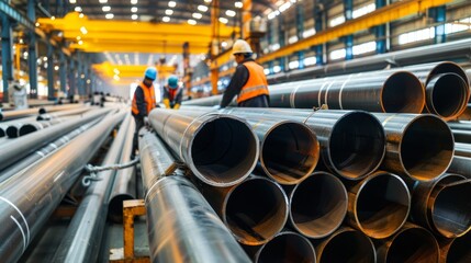 Industrial workers inspecting large steel pipes in a factory. Concept of manufacturing, metallurgy, engineering, heavy industry