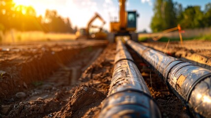 Underground pipeline construction with machinery in action at a construction site. Concepts of infrastructure, heavy machinery, engineering, urban development