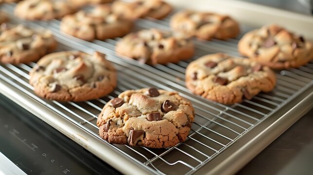 Durable baking sheet freshly baked cookies placed on a cooling rack in a home kitchen highlighting its nonstick surface