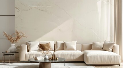 Luxurious apartment background wall mockup with sofa and decor on cream color background.