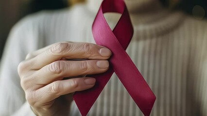 Lady showing hiv or aids awareness symbol, volunteering for charity campaign for prevention immunity disease, cancer, elderly healthcare support. Hand of mature woman holding red ribbon. Close up