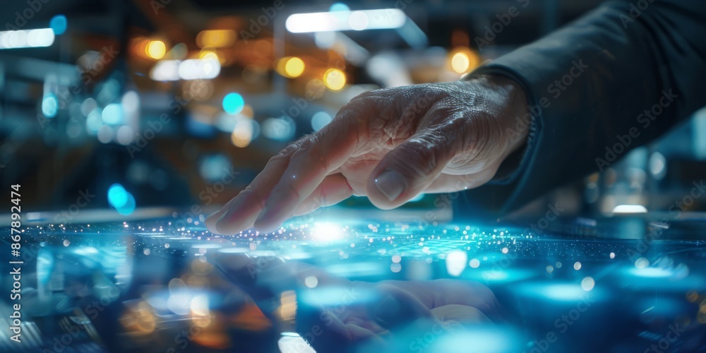 Poster hands interact with a high-tech touchscreen in an advanced laboratory setting, showcasing futuristic