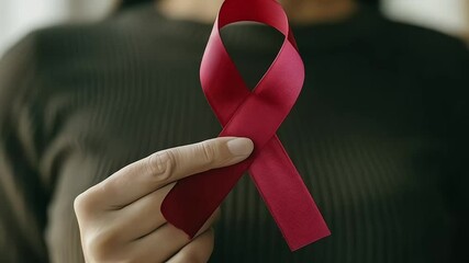 Lady showing hiv or aids awareness symbol, volunteering for charity campaign for prevention immunity disease, cancer, elderly healthcare support. Hand of mature woman holding red ribbon. Close up