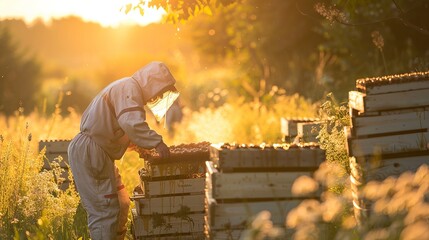 Beekeeper in the countryside collects honey from beehives.