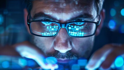Close-up of a man's face looking at a computer screen with blue light reflecting in his glasses