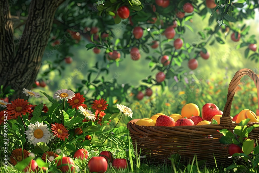 Poster a basket filled with ripe apples and peaches sits beneath an apple tree in a summer orchard. generat